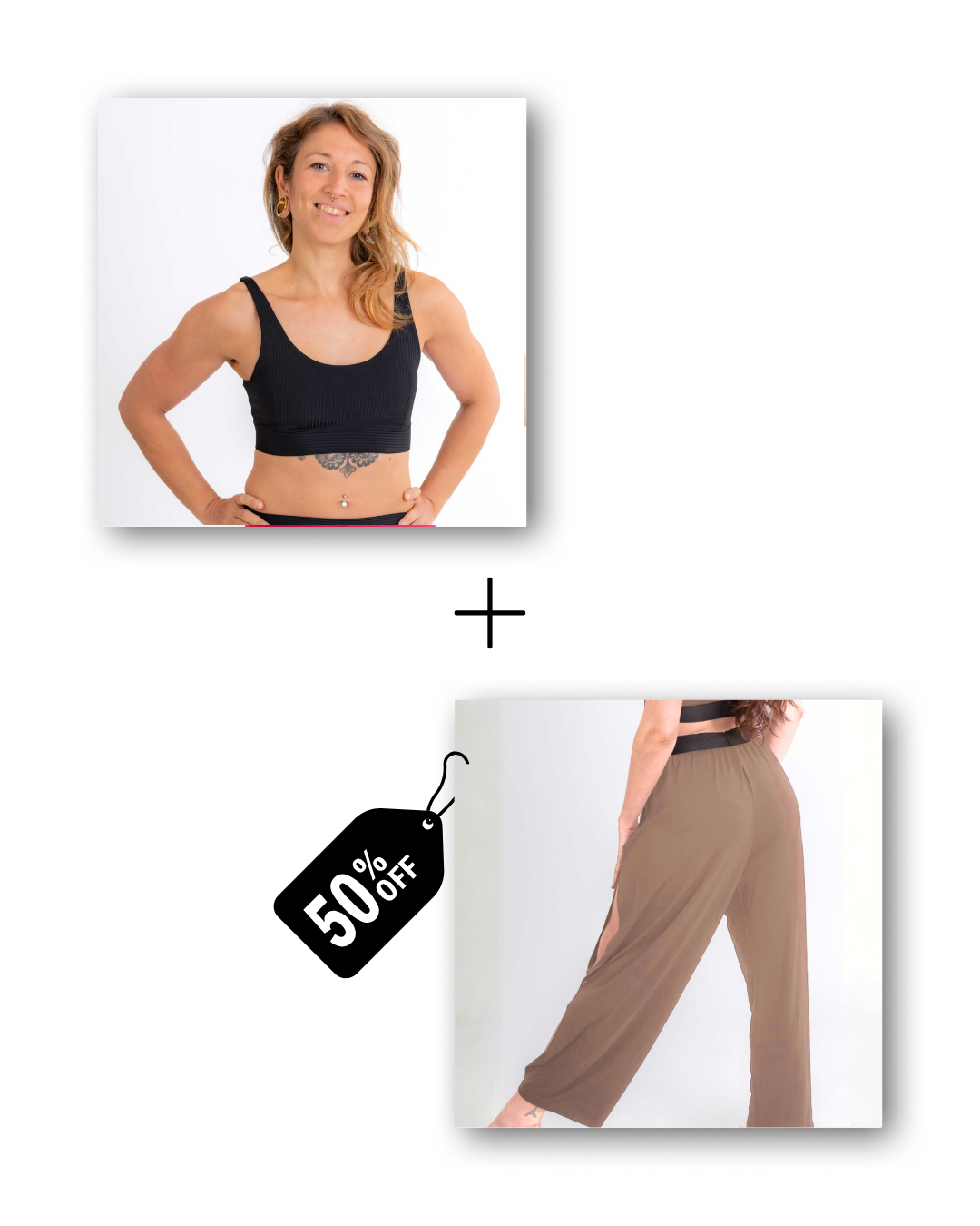 Basic Top in ribbed black / Pre-Workout & Flow Pants in cloudy taupe Bundle