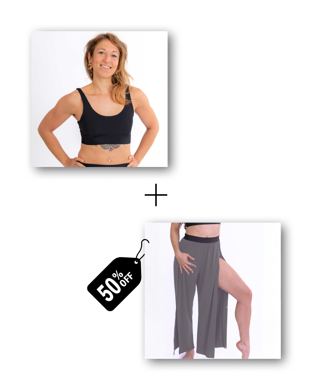 Basic Top in ribbed black / Pre-Workout & Flow Pants in mouse gray Bundle